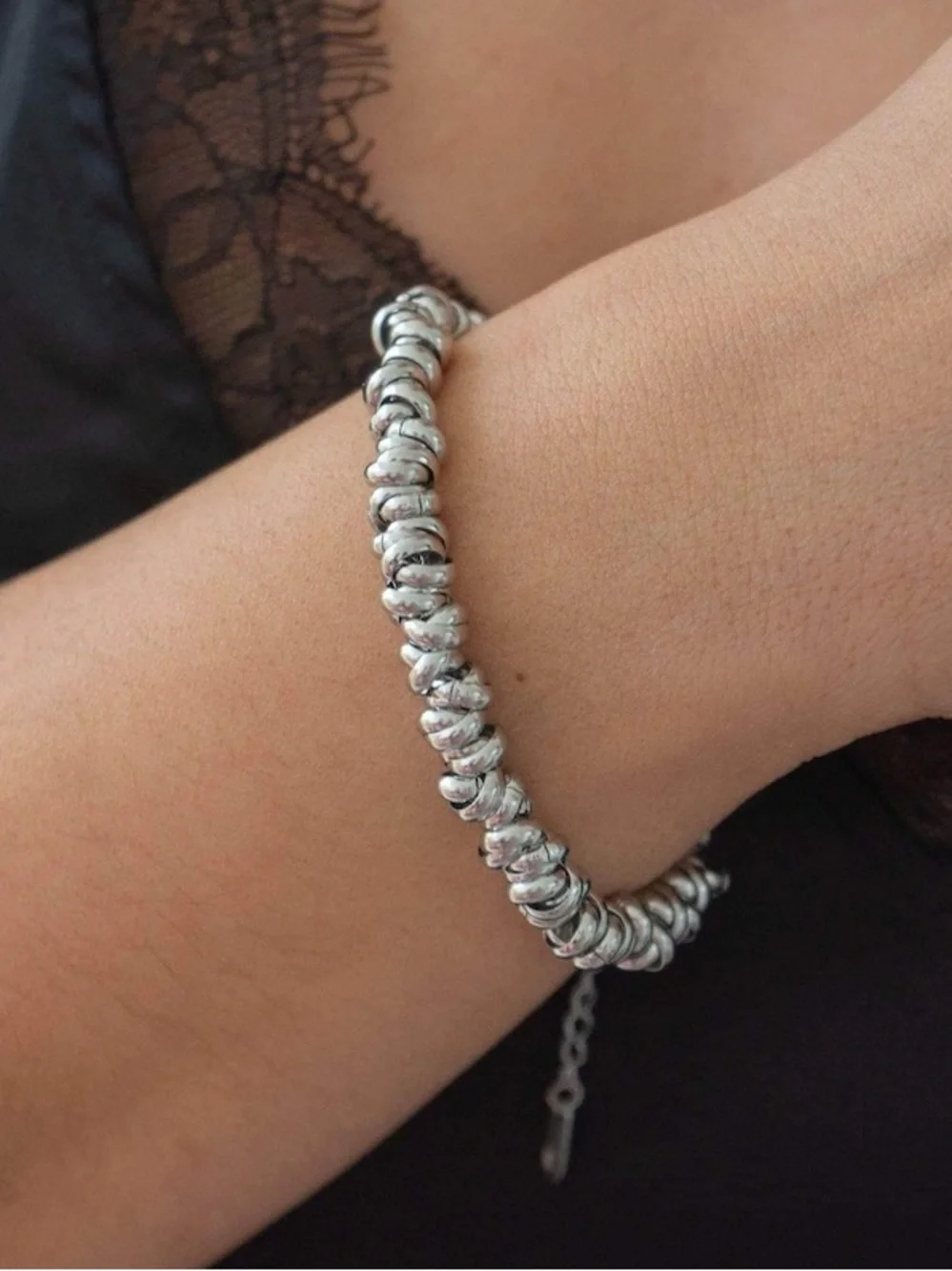 Silver Chunky Knotted Ring Chain Bracelet
